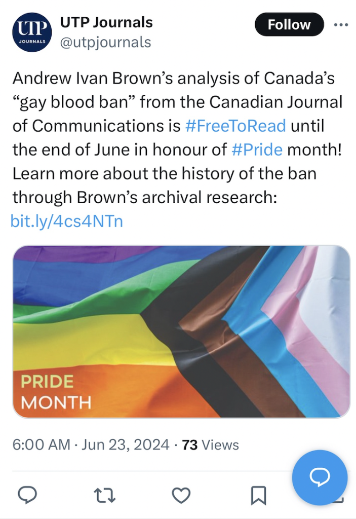 Screenshot of U of T press tweeting about my work. Link to the post: https://x.com/utpjournals/status/1804862159765004480